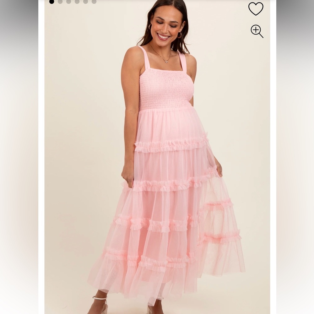 Light Pink Smocked Ruffle Tiered Tulle Maternity Midi Dress